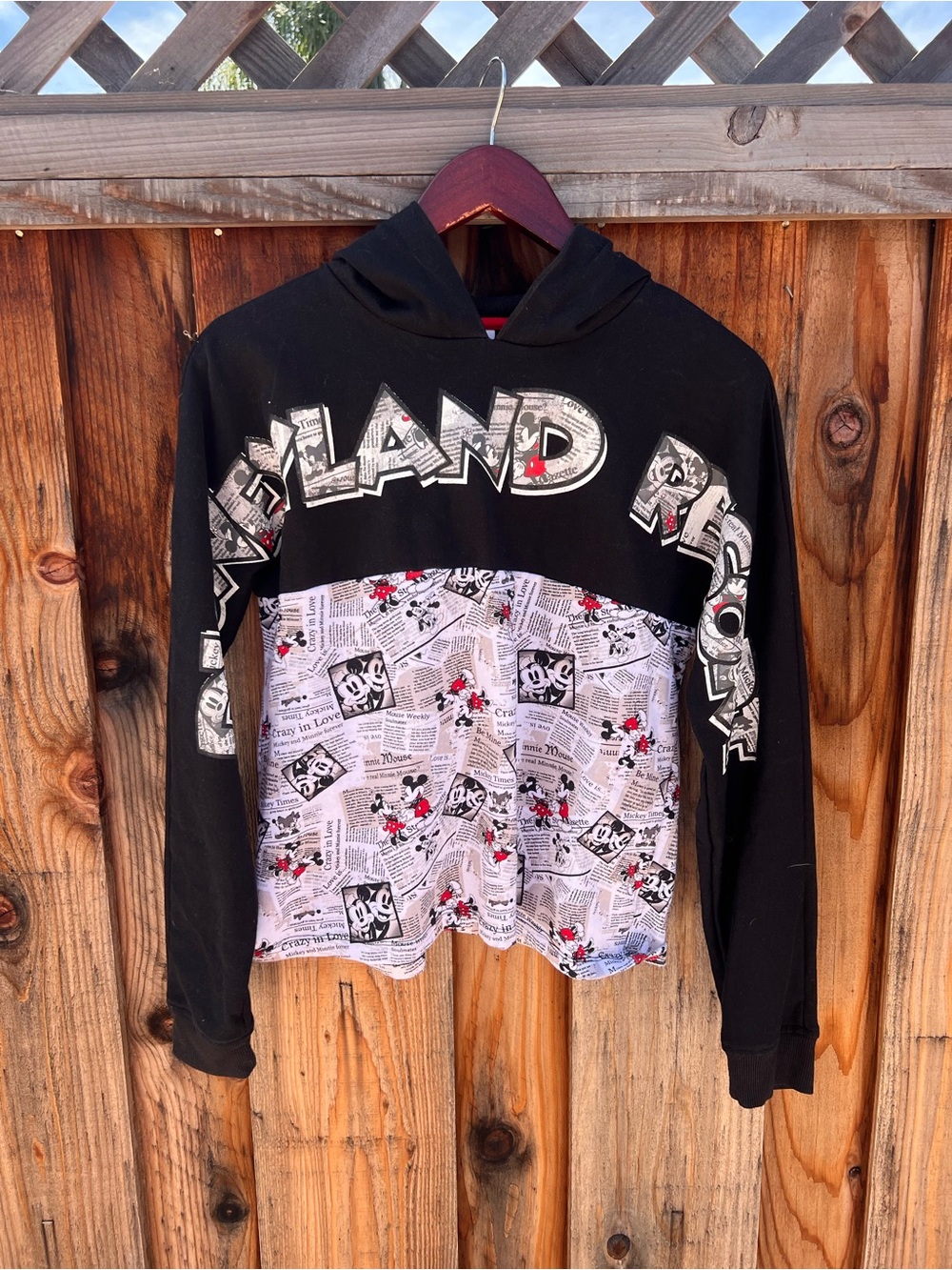 Disney Black & White Mickey Newsprint Hoodie with Red Accents